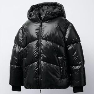 ZARA Boys Black Hooded Water-Repellent Puffer Coat | Size 8–9 | NWT